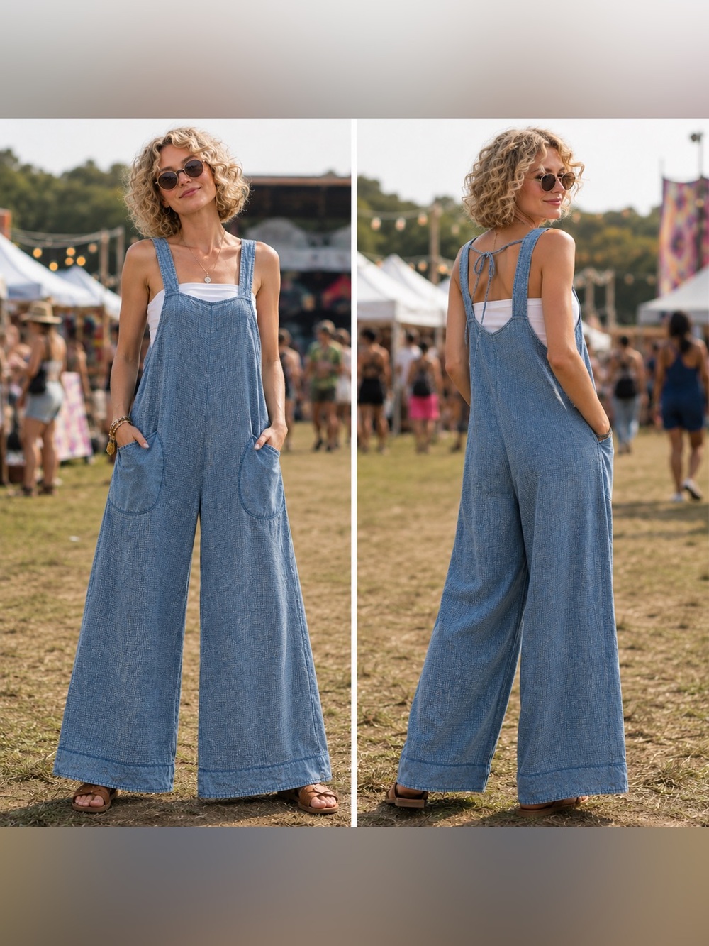 🆕 Double Gauze Washed Wide Leg Overalls Dusty Blue Pocketed Jumpsuit
S M L